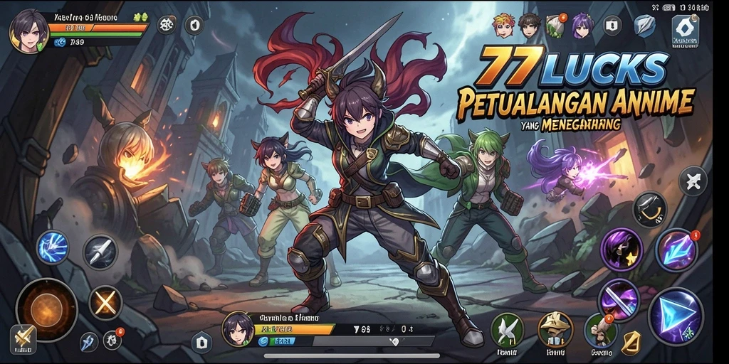 Screenshot gameplay 77LUCKS menampilkan pertarungan seru dan karakter Anime yang menarik.