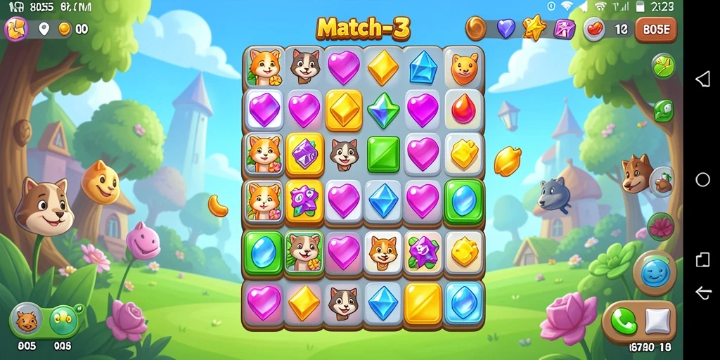 Tangkapan layar gameplay 8055 menunjukkan aksi mencocokkan permata yang seru.
