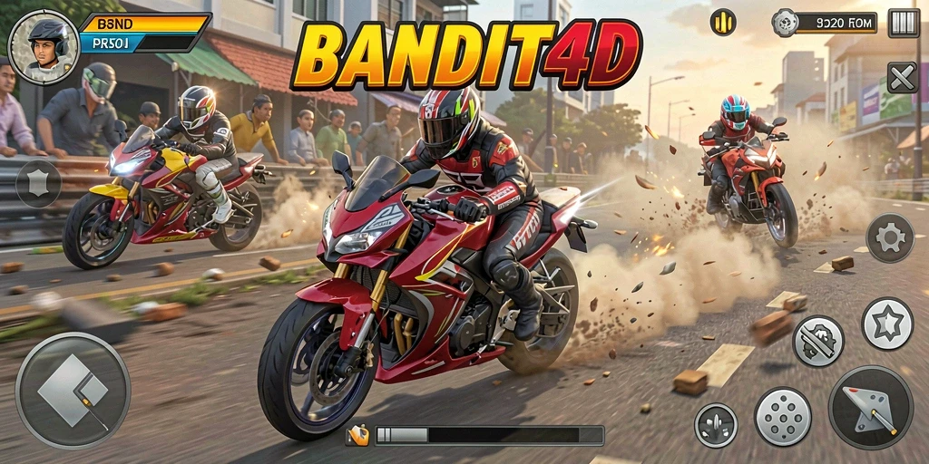 Screenshot utama BANDIT4D menampilkan aksi balapan motor yang mendebarkan.