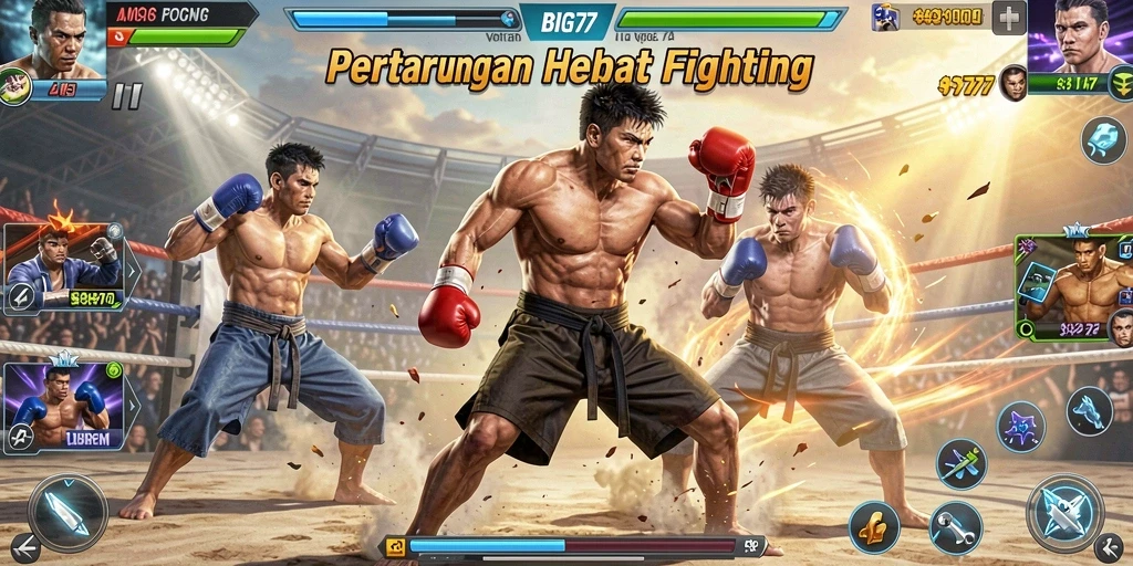 Layar gameplay BIG77 dengan aksi pertarungan mendebarkan.