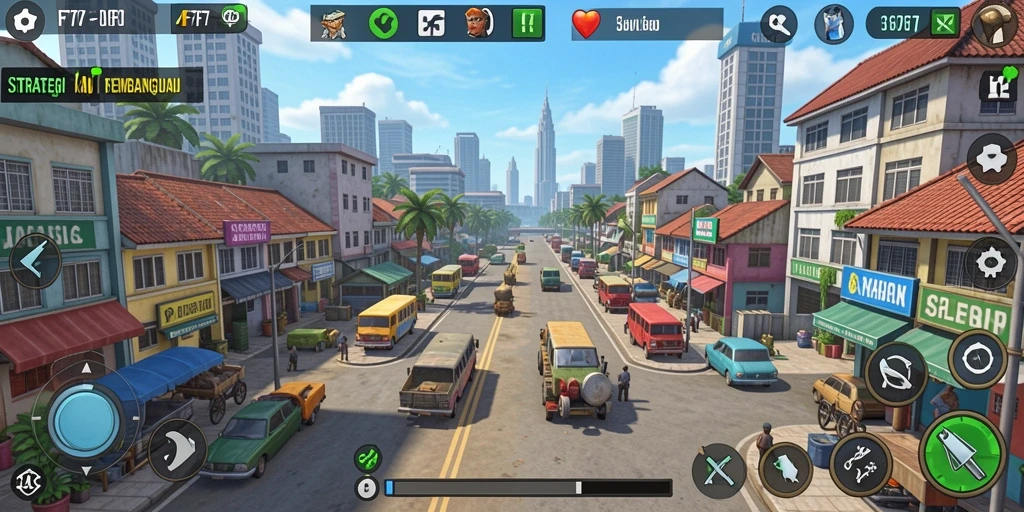 Screenshot utama F7F7 menampilkan aktivitas pembangunan kota yang dinamis.