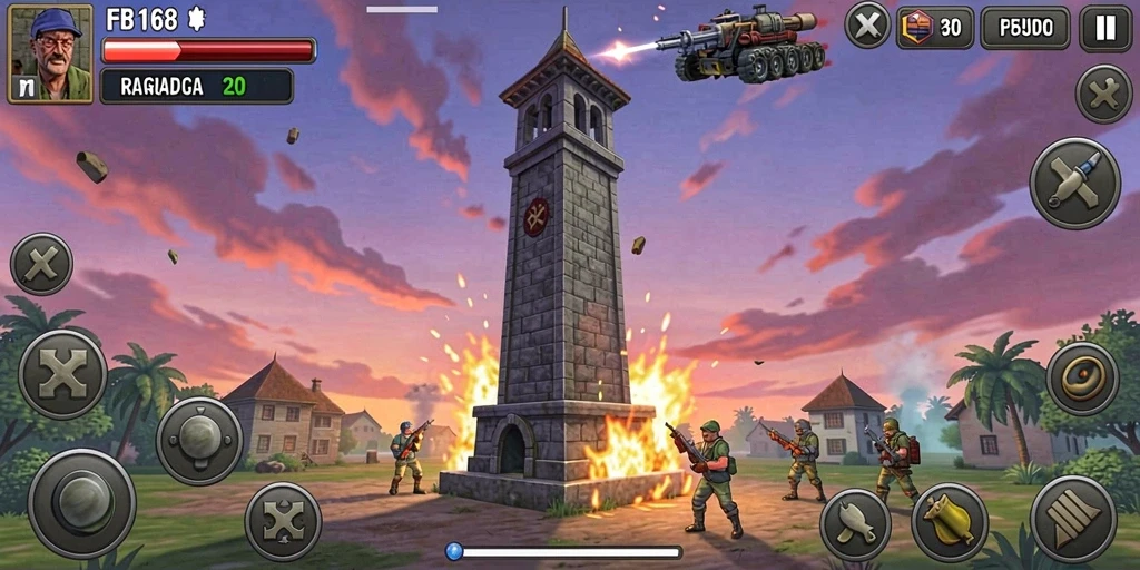 Tampilan gameplay FB168 saat mempertahankan menara dari serangan musuh.