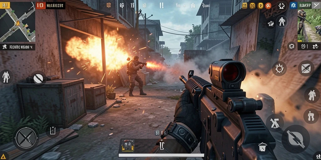 Tangkapan layar KAKRP menampilkan aksi intens pertempuran FPS.
