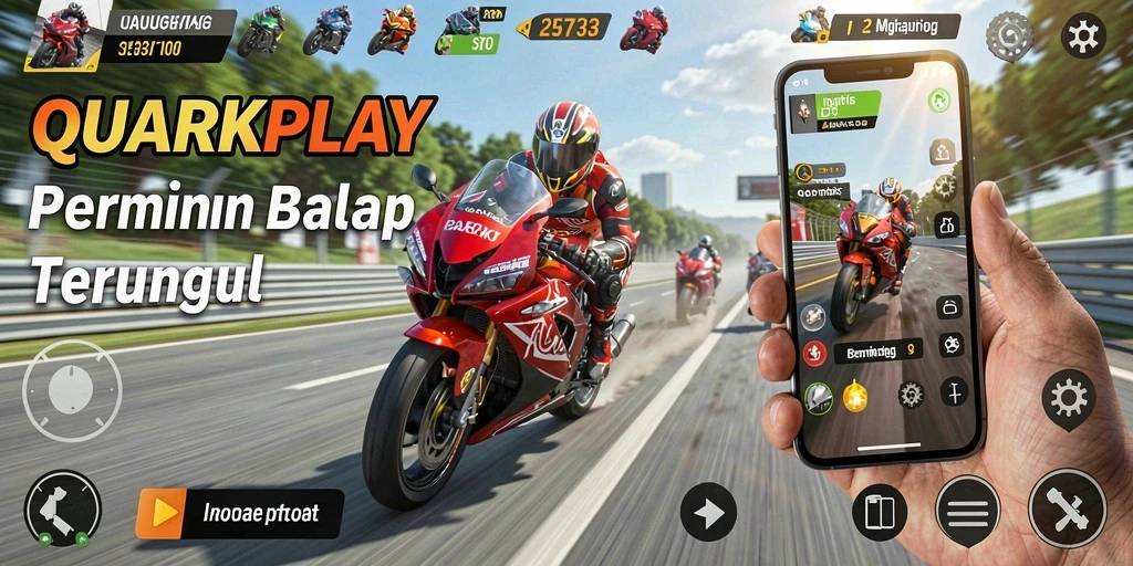 Tampilan gameplay menegangkan dari QUARKPLAY dengan motor balap.