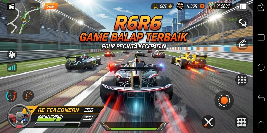 Screenshot gameplay R6R6 menampilkan balapan mendebarkan dengan mobil cepat.