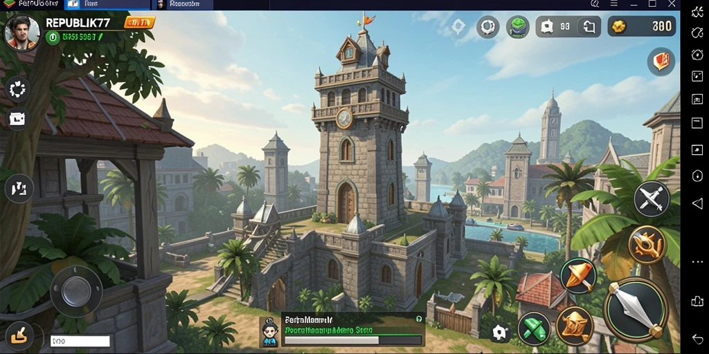 Tampilan gameplay <strong>REPUBLIK77</strong> saat membangun menara pertahanan yang strategis.