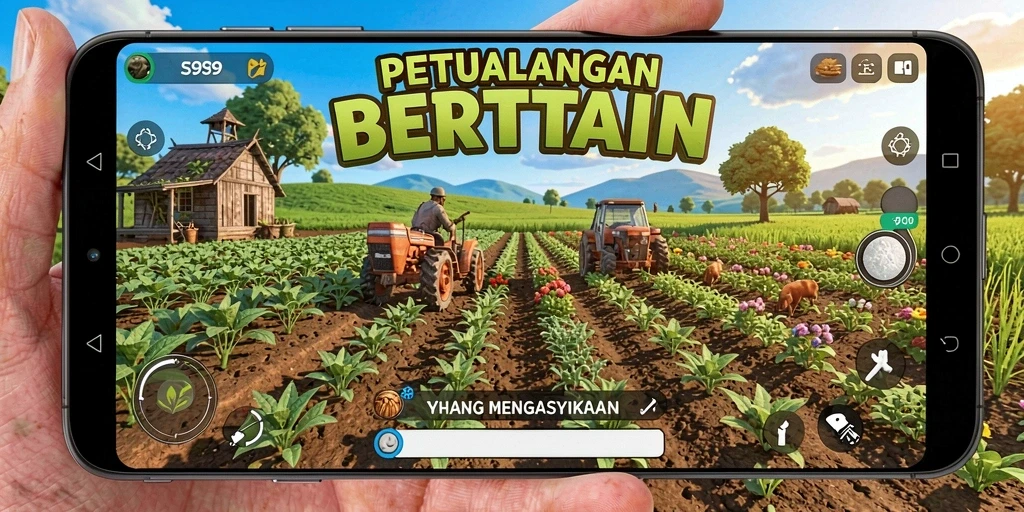 Screenshot gameplay S9S9 yang menampilkan kebun yang subur dan aktivitas bertani.