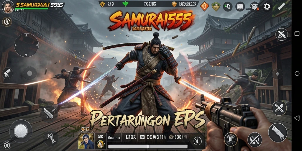 Screenshot utama menunjukkan aksi pertempuran mendebarkan di SAMURAI555.