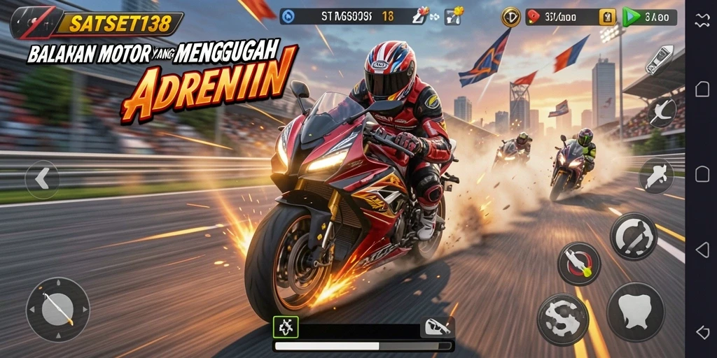 Screenshot gameplay SATSET138 yang menunjukkan aksi balapan motor seru.