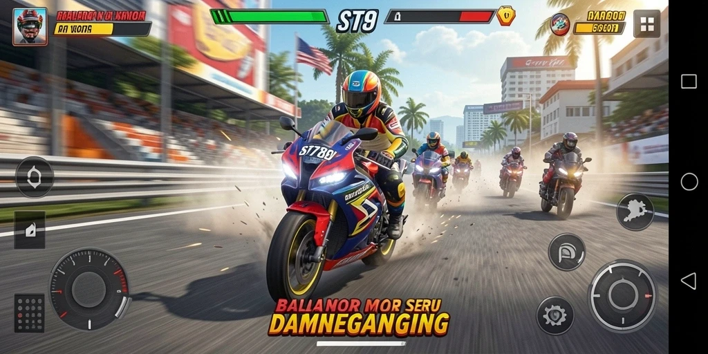 Tangkapan layar utama menunjukkan aksi balapan motor yang mendebarkan.
