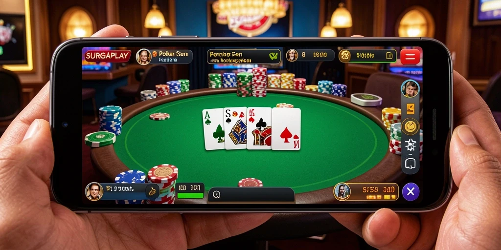 Screenshot SURGAPLAY menunjukkan suasana permainan poker yang kompetitif dan seru.