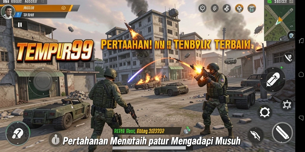 Screenshot gameplay TEMPUR99 dengan menara dan musuh yang menantang.