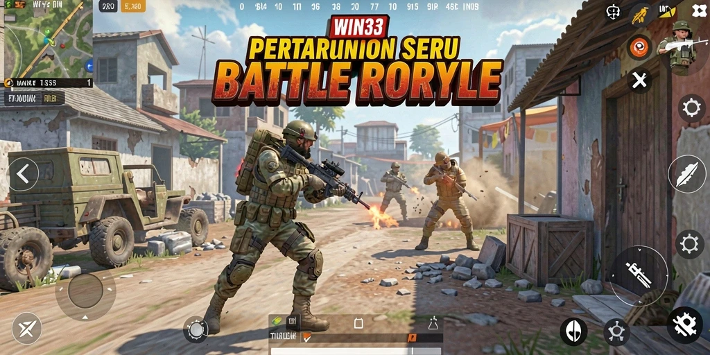 Gameplay WIN33 menampilkan pertarungan epik dalam arena Battle Royale.